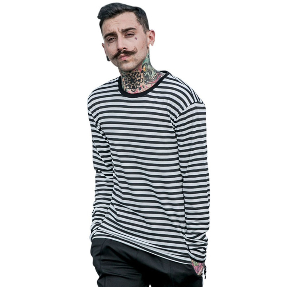 

2021 New Korean Style Long Striped T-shirt for Men Ri3x, Black