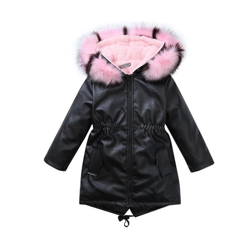 

Girls Winter Coat Faux Fur Tops Wool jacket 2020 new children's pu leather jacket big Girl long thick cotton Outwear Clothes, Pink