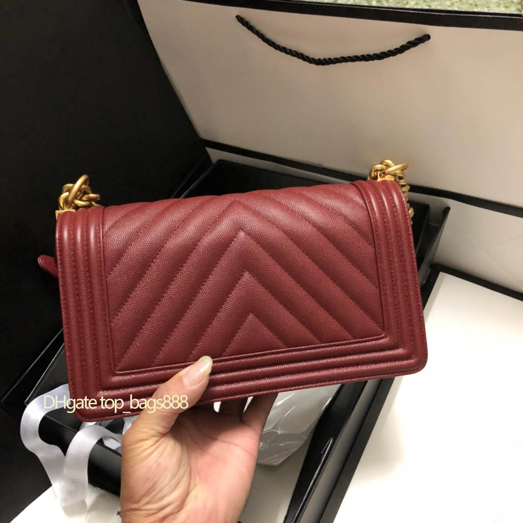 

Women black calfskin caviar chevron boy classic quilted flap bag gold chain shoulder cross body Genuine Leather top 7A quality handbags purses bags