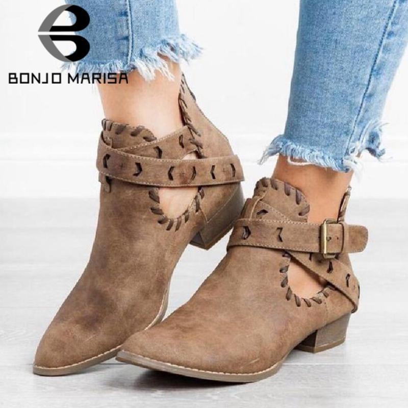 

BONJOMARISA Autumn Fashion Vintage Ankle Boots Cool Sewing Western Boots Women 2020 Low Chunky Heels Women Shoes1, Gray
