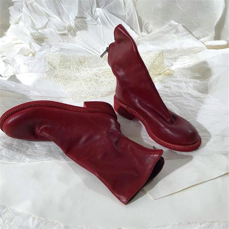 

Back Zipper Bohemian Leather Boots Round Toe Flat Heel Comfort Winter Shoes Women's Ankle Long Boots White Black Red1