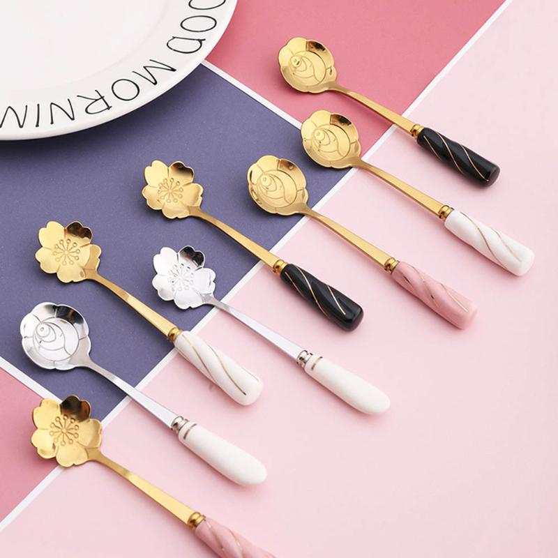 

Flower Spoon Ceramic Handle Stainless Steel Coffee Spoon Teaspoons Coffee Stirrers Mixing Drink Tableware