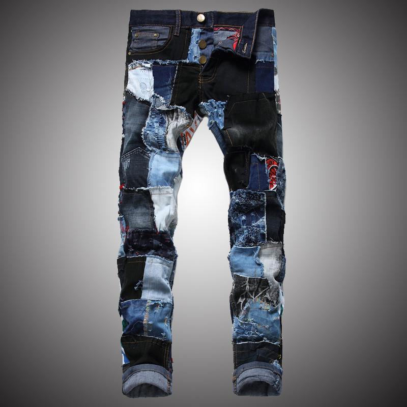 

Men's Patchwork Spliced Ripped Denim Jeans Male Fashion Slim Colored Patch Buttons Straight Pants 2020 New Harajuku, Black
