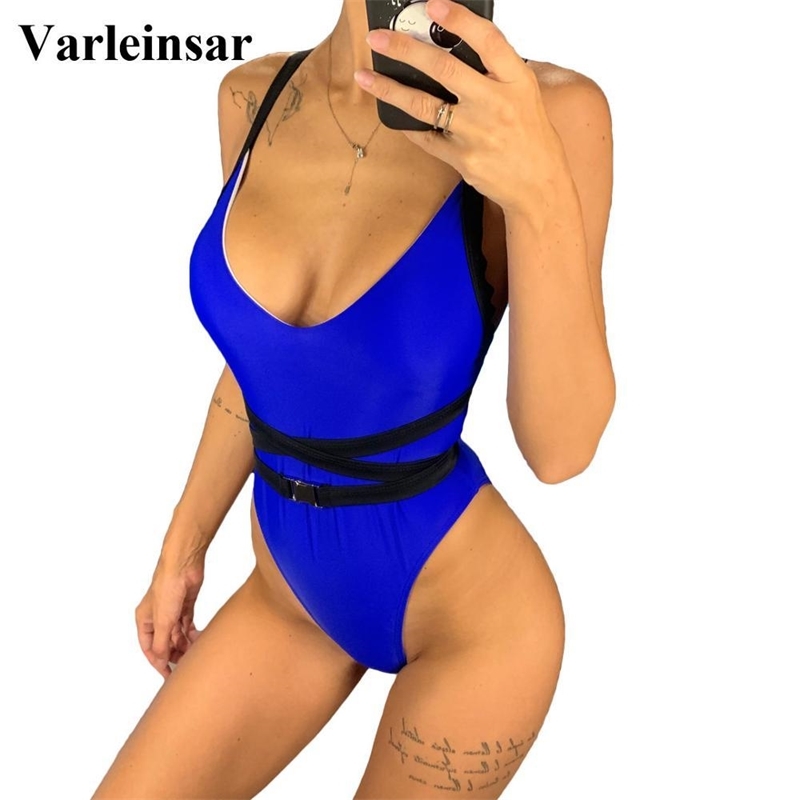 

3 colors Sexy New Wrap Around V Neck One Piece Swimsuit Women Swimwear Female Bather Bathing Suit Swim Wear Monokini V1570 Y200319, Royal blue