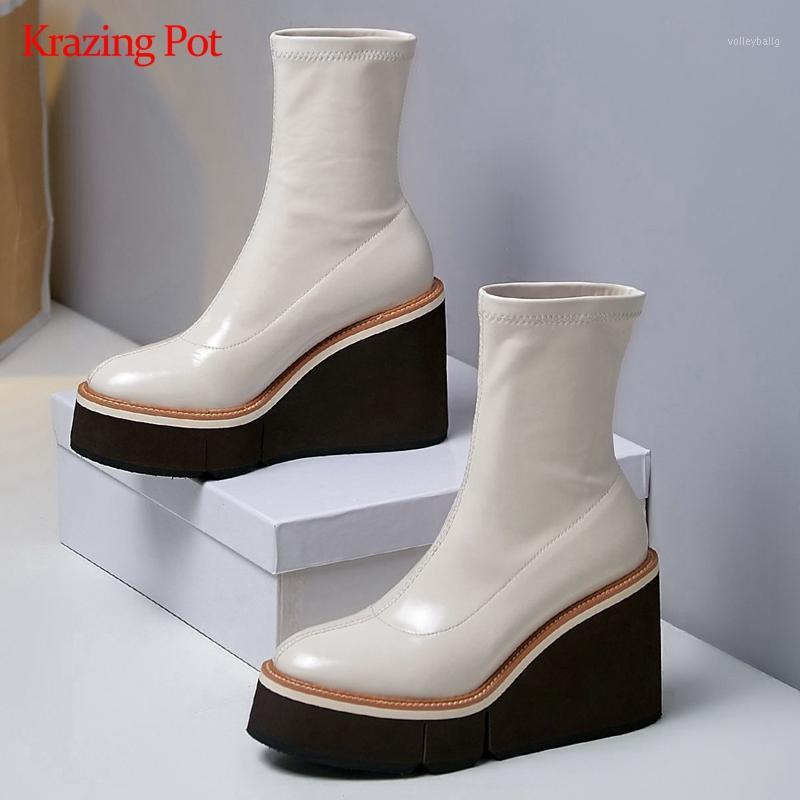 

Krazing pot stretch boots wedges thick bottom platform round toe super high heel slip on beauty lady fashion ankle boots L7f31, Beige