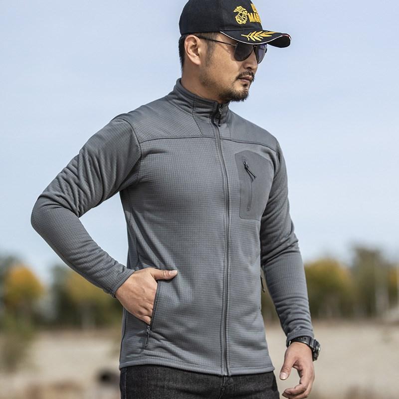 

Mens Thin Plaid Fleece Jacket Spring Autumn Stand Collar Cardigan Coat Tops Lightweight Warm Outdoor Sports Tactical Jackets Man, Black