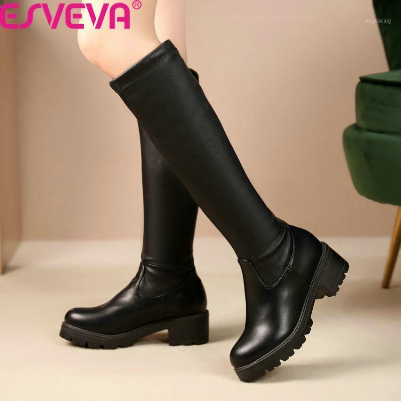 

ESVEVA 2020 Platform PU Leather Autumn Winter Round Toe Concise Knee High Boots Square Heel Slip on Women Shoes Big Size 34-431, Black