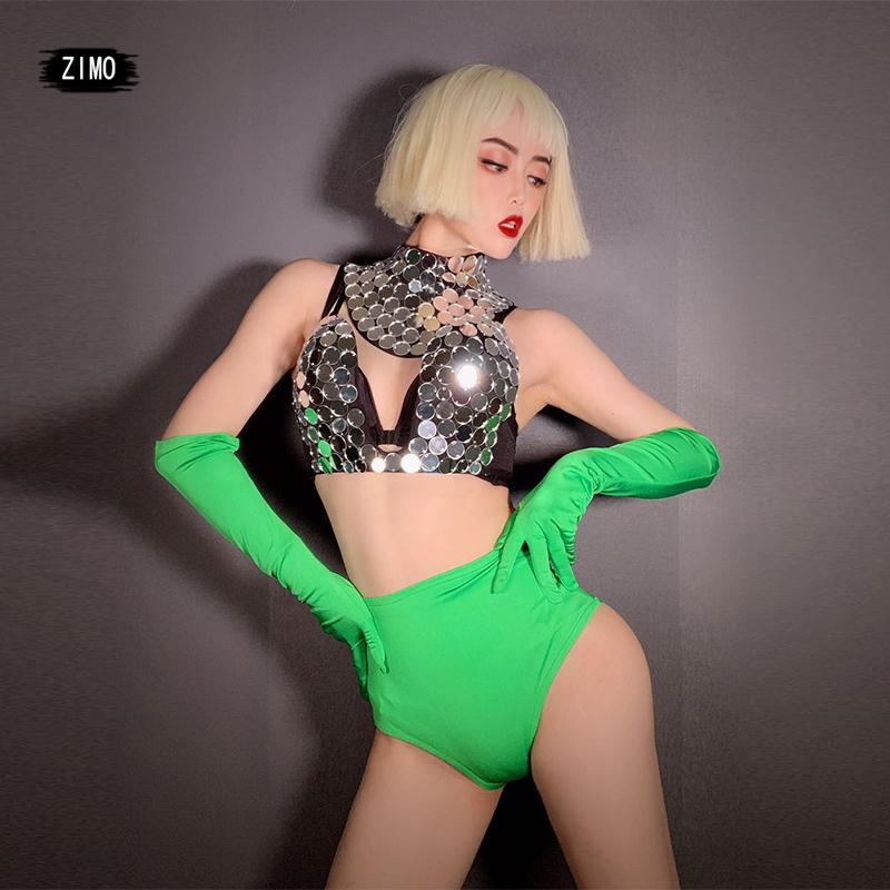 

Sexy Nightclub Female Singers Stage Wear green Silver sequin Costume Bikini Jazz Rave Outfit GOGO pole Leader Dancing Drag Queen