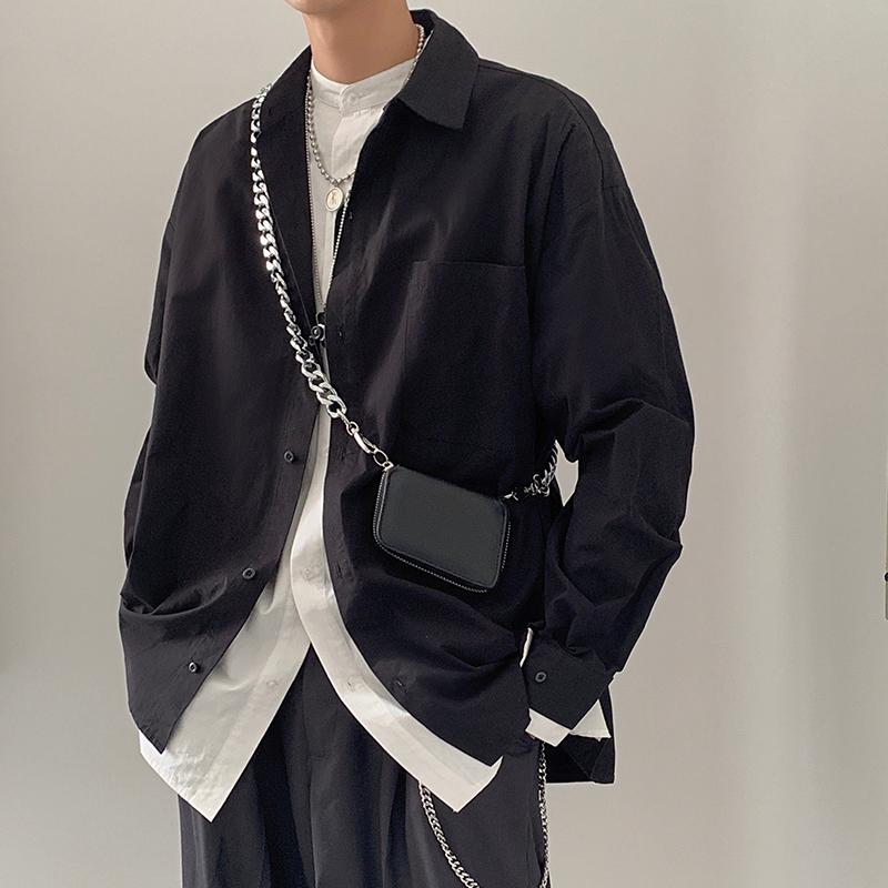 

2020 Spring And Autumn New Youth Fake Two Loose Long-sleeved Shirts Fashion Casual Wild Single-breasted Shirt Black / Blue