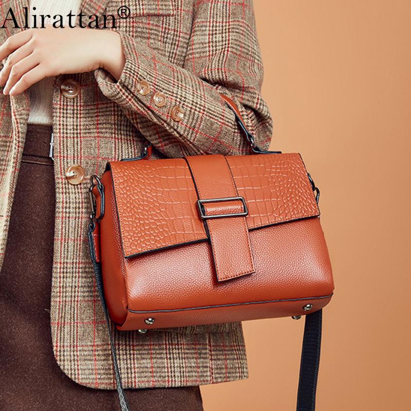 

Alirattan Women Crocodile Pattern Leather Handbag Genuine Leather Female Shoulder Messenger Bag High Quality Travel Shopping Bag, Black