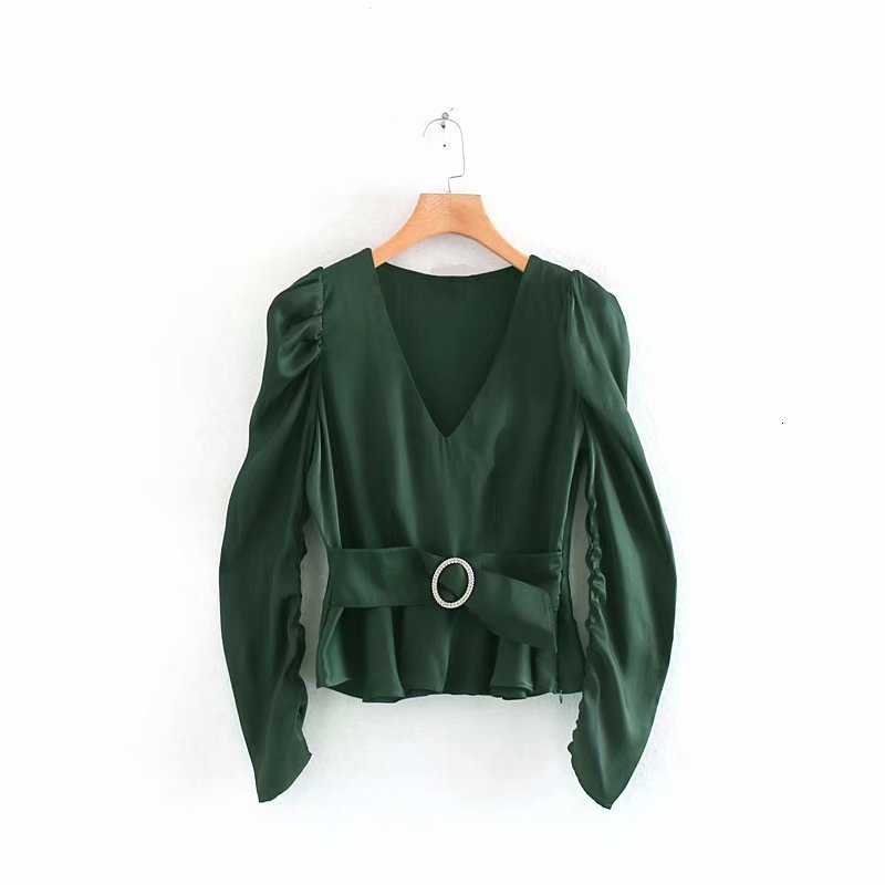 

New European High Street Women Sexy Satin with Long Sleeve V-neck Puff Women's Green Shirts Thin Stripes Tops Tauz