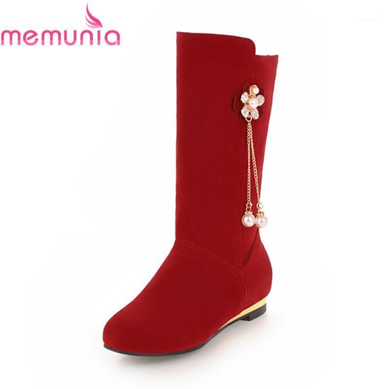 

MEMUNIA wholesale 2020 new arrival women brand boots round toe slip on mid calf boots metal decoration casual ladies shoes1, Black