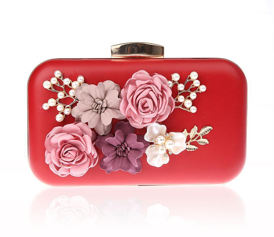 

Fashina Red Women Bag PU Handbag Bridal Wedding Party Evening Bag Clutch Purse Makeup Two Chain Flowers 03944-B1, Black