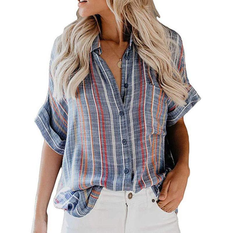 

Women T-shirt Fashion Tunic Short Sleeve Stripes Tops Blouse Summer Autumn Loose Fit Shirts For Office Lady High Quality, Dark blue