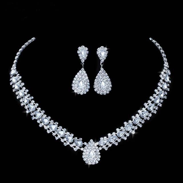 

Luxurious Wedding Jewelry Sets for Bridal Bridesmaid Jewelery Drop Earring Necklace Set Austria Crystal Wholesale Gift, Silver