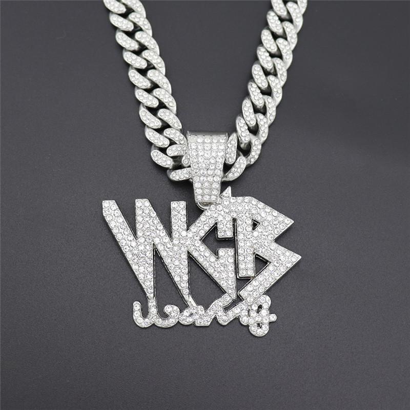 

New Bling Iced Out Cubic Zircon Cuban Link Chain Letter WCB Pendant Necklace For Men Hip Hop Jewelry Gift Dropshipping, Silver
