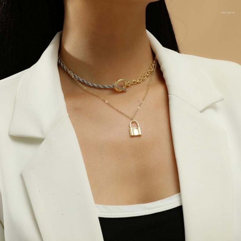 

Chokers Punk Multi Layered Lock Pendant Necklace Statement Curb Cuban Polychromatic Choker Collar Women Jewelry1