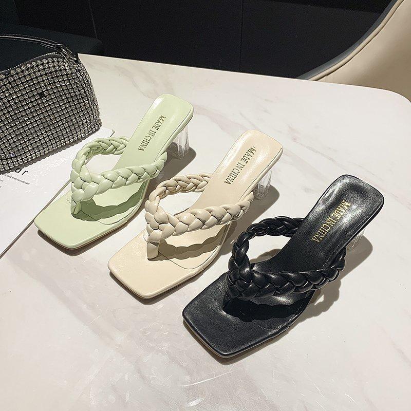

2021 Summer New Women Slippers Thick-heeled Woven Fashion Flip-flops Woman Square Toe Open-toe High-heel Shoes for Women, Black