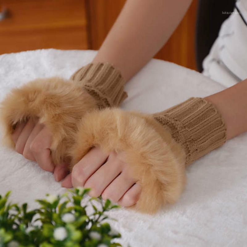 

Five Fingers Gloves 1 Pair Half-finger Plush Thick Knitted Fashion Winter Women Faux Fur Knitting Wool Keep Warm Short Mitten1