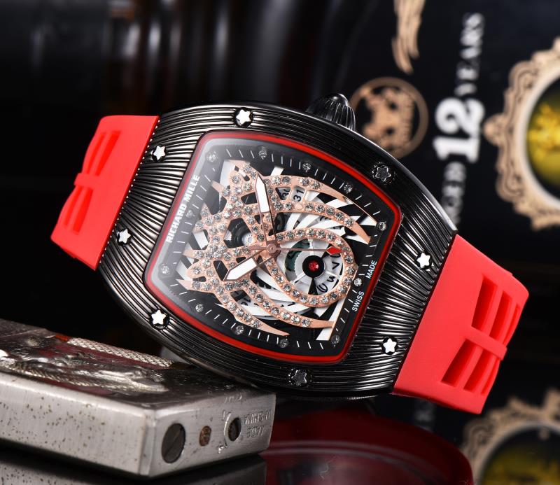 

2020 New Top Luxury Mens Watch Quartz Chronograph Swiss RM Mens Wristwatch Iced Out Hip Hop Rubber Strap Sport Men Watch Male watchDE, Slivery;brown