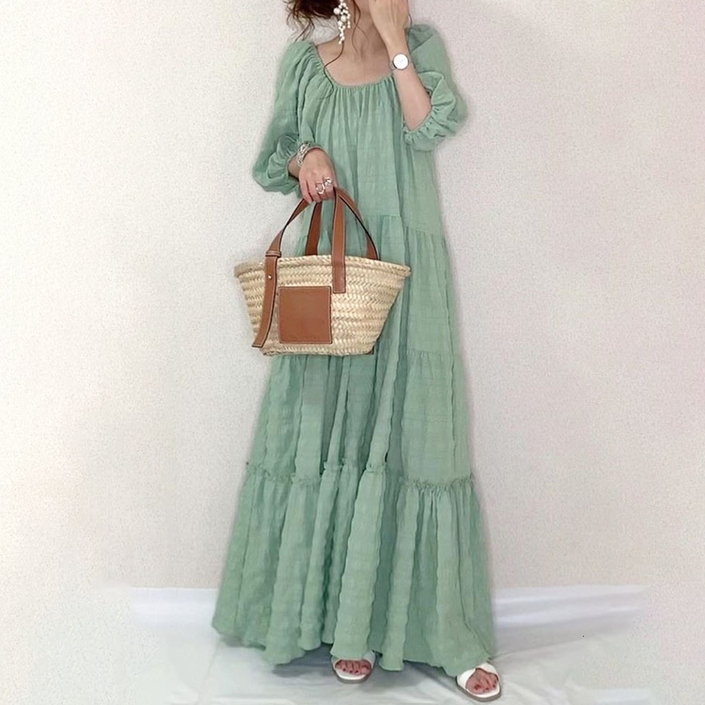 

2021 New Green Women Long Dress Spring a Line Korean Janpan Style Maxi Dresses Robe Sweet Fashion Lady Femme Vestiods UF4O