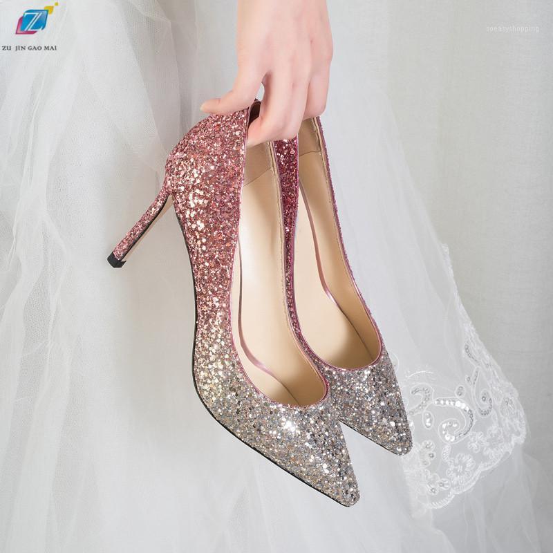 

Gradient High Heels Shoes Woman Pumps Golden Shiny Grete Pointed Bridal Shoes Sequins Fashion Party Sexy Thin Heels Women1, Silver 5cm