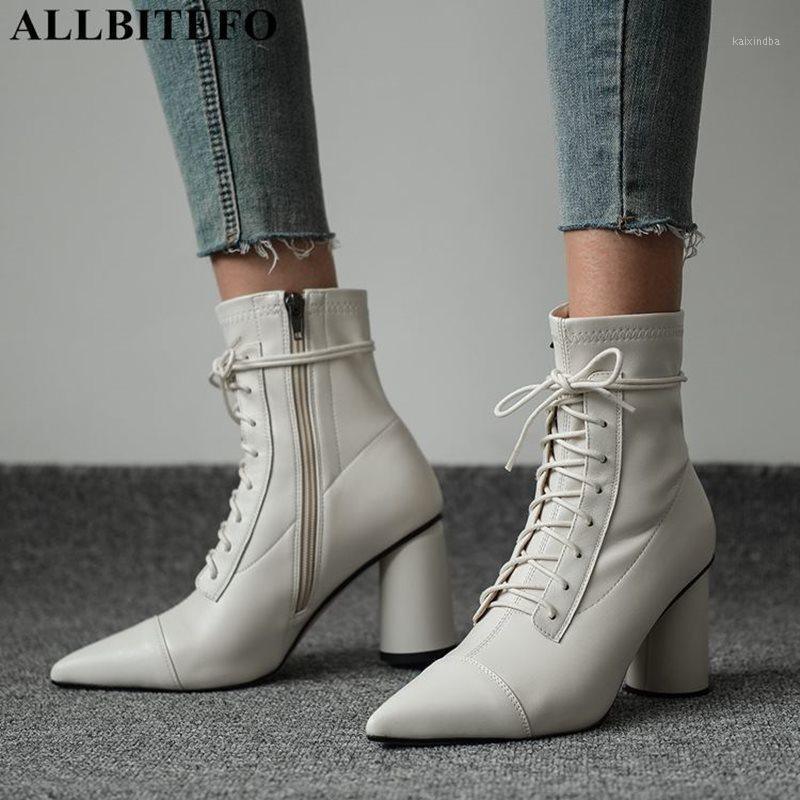 

ALLBITEFO thick heels genuine leather brand high heels women boots pointed toe women high heel shoes ankle boots for1, As picture