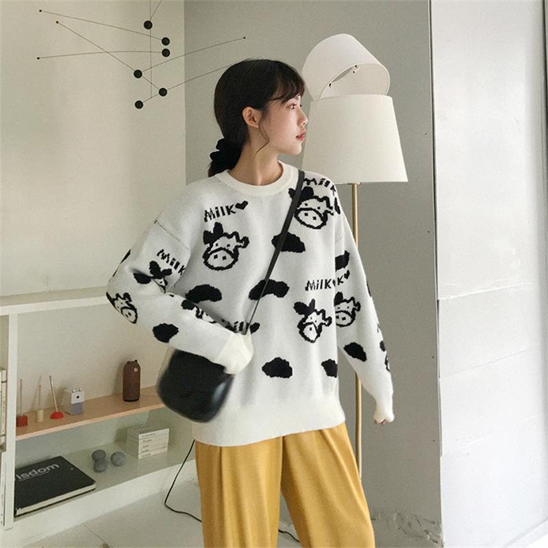 

2020 Released Vintage Cow Female Sweater Kawaii Japanese Ulzzang Korean Women's Clothes Isg5, White