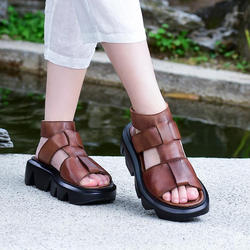 

YourSeason Women Hook Loop Retro Platform Sandals Genuine Leather 2020 New Handmade Ladies Summer Casual Wedges Heighten Sandals1, Brown