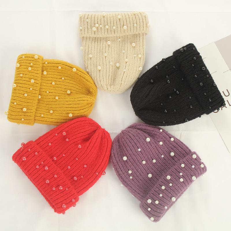 

2020 Solid Color Pearl Thicken Knitted Hat Winter Warm Hat Skullies Cap Beanie for Women 94, White