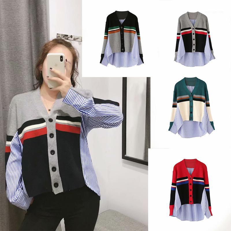 

2019 Irregular Women Shirts Spring New Korea Style Hit Color Striped V-neck Long Sleeve Female Stitching Knit Cardigan Tops1, As picture