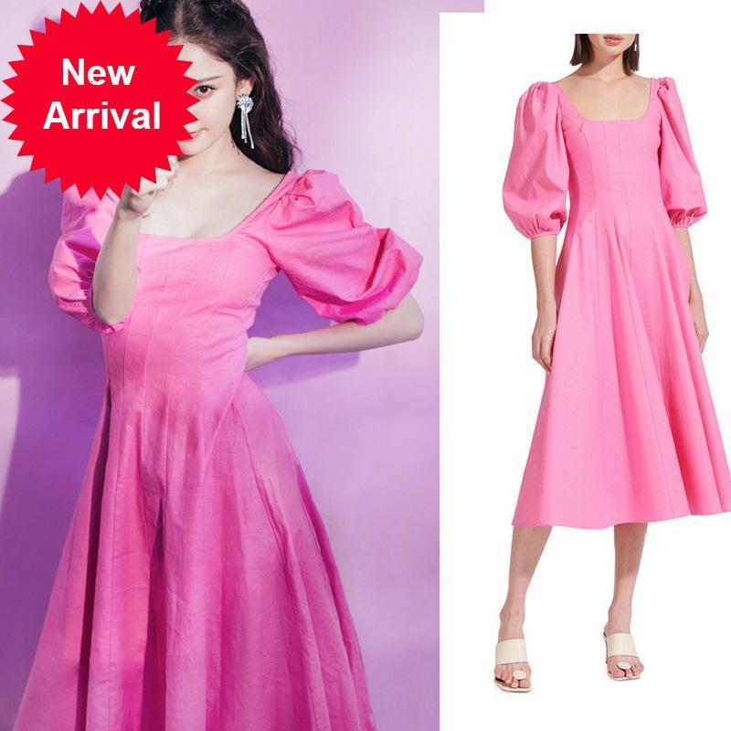 

High 2021 Quality Women Will See Sweet Bubble Red Sleeve Square Turtleneck Female Dress Summer Holiday Party Clothes J8CQ, Blue