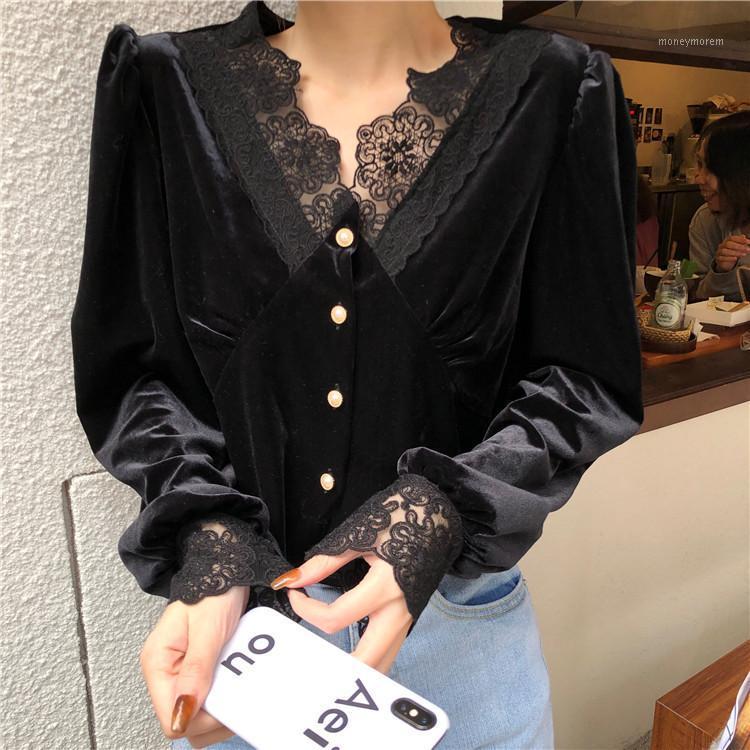 

Gold Velvet Top Women' 2021 Autumn and Winter New V-neck Small Shirt Black Lace Bottoming Shirt Women Long-sleeved1