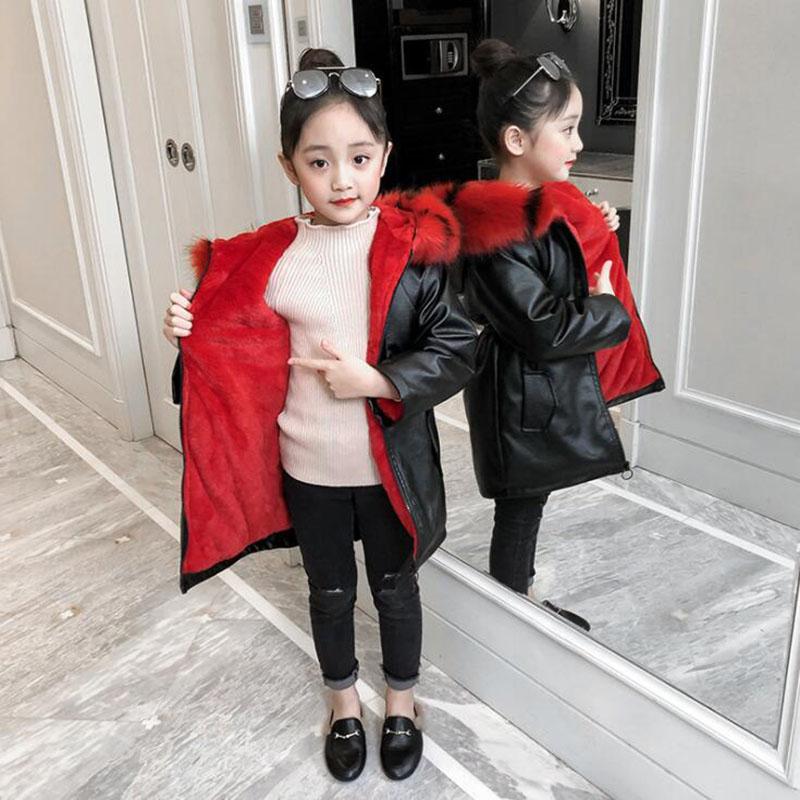 

Girls winter warm jacket 4-13T kids PU leater velvet lining coat teeange windbreaker coat baby girls long leather children, Pink