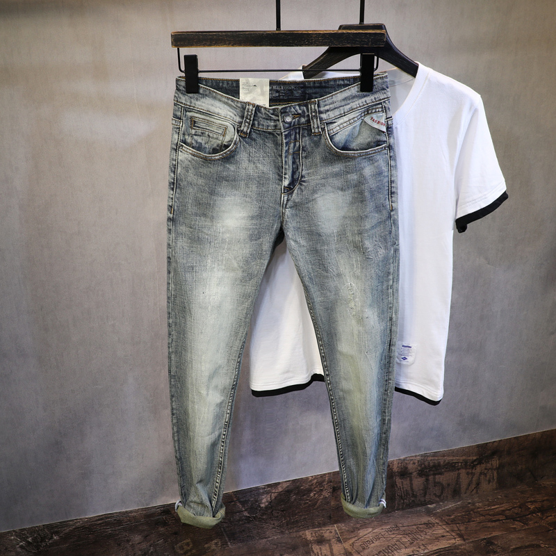 

2021 New Italian Style Fashion Men Jeans Retro Elastic Slim Fit Casual Denim Pencil Pants High Quality Vintage Designer Long Trousers Wyow, Retro blue