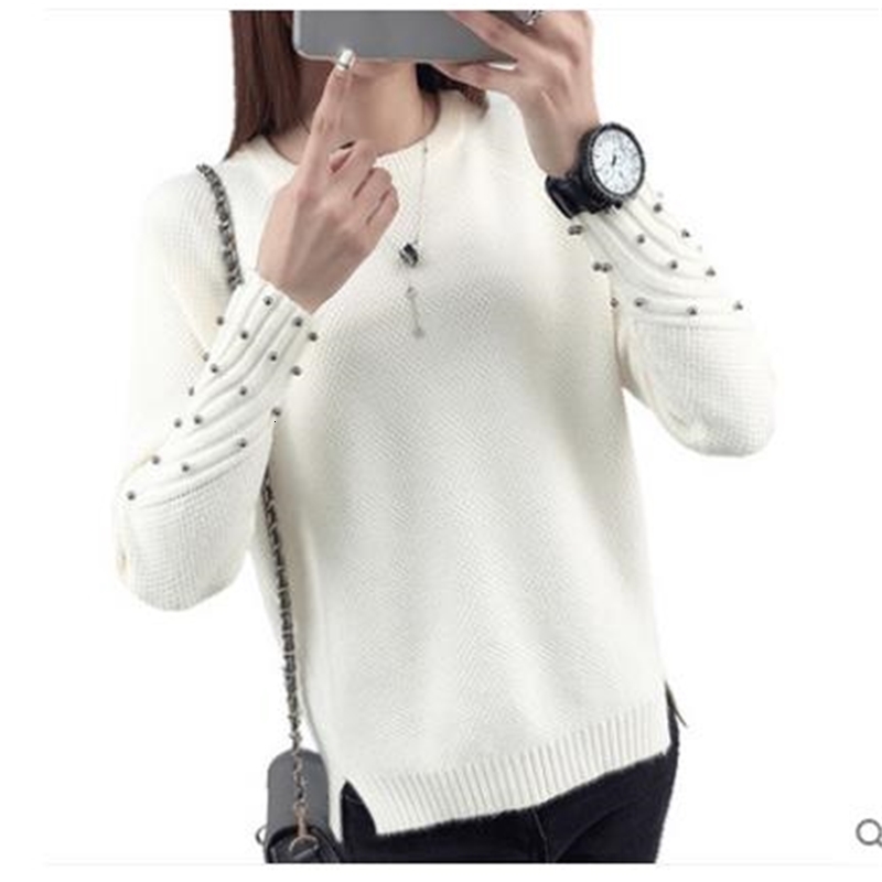 

2021 New Beading Sweaters Autumn Winter Korean Style All-match Warm Knitted Sweater Women Pull Femme Hiver Long Sleeve Pullover Prr9, Navy blue