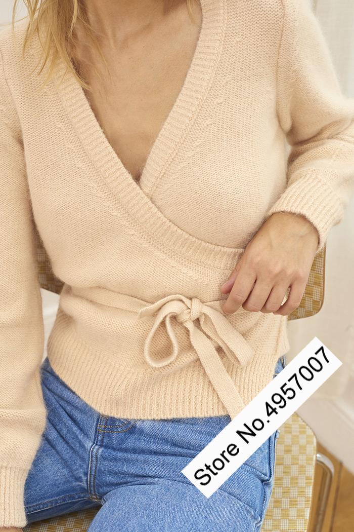 

Ladies Wrap V Neck Knitting Wool Blend Sweater Top With Knitted Belt Women Casual Fall/Winter Jumper, Style 1