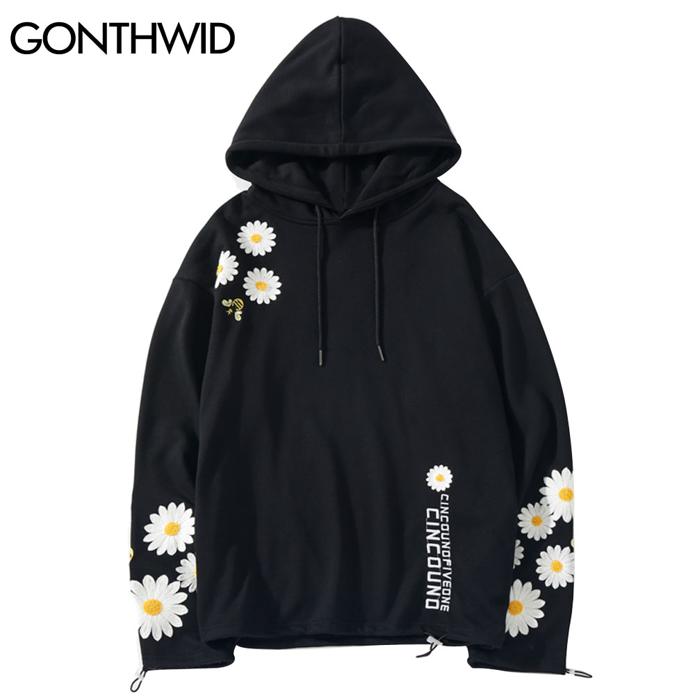 

Harajuku Embroidery Daisy Bees Sweatshirts Hoodies Streetwear 2020 Men Hip Hop Fashion Casual Pullover Hooded Tops Male, Black
