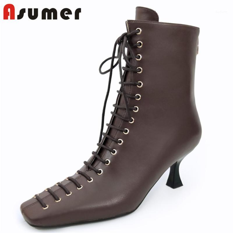 

Asumer 2020 new fashion high heels ladies dress party shoes square toe cross tied autumn winter ankle boots women big size 401, Black not fur