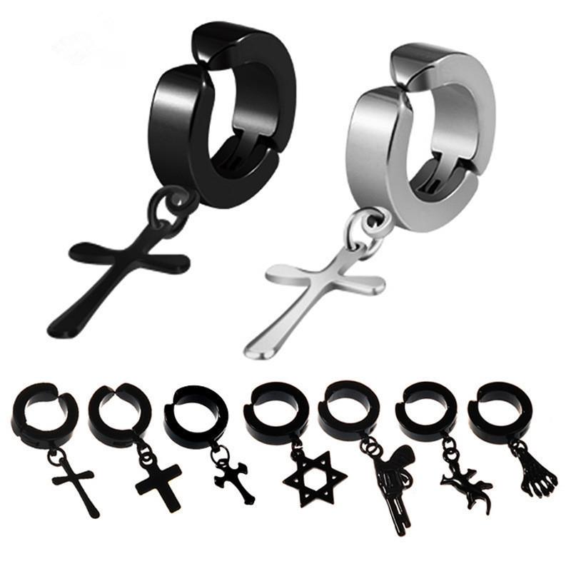 

1PC Rock Stainless Steel Cross Gun Hoop Earrings Ear Clip Women Men Punk Hip Hop Small Animals Pendant Earrings Jewelry E474