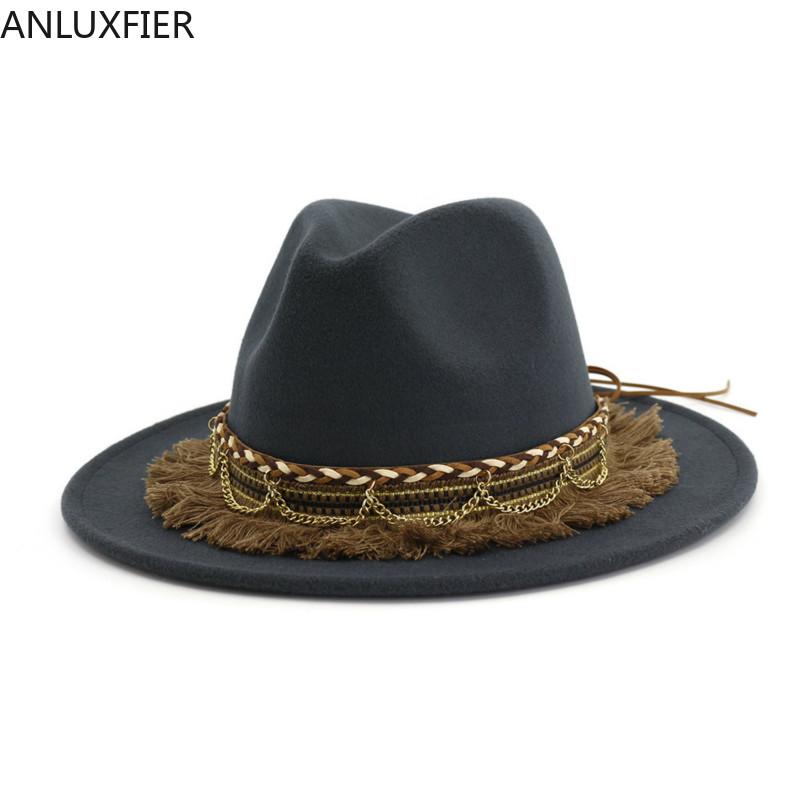 

H7561 Fall Winter Retro Fedoras Hat Ladies Jazz Wool Felt Chain Tassel Flat Eave Cap Female Fashion Casual Outdoor Caps, Black