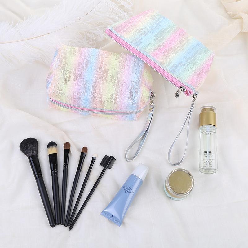 

Women Travel Cosmetic Bag Rainbow Colors Portable Waterproof Makeup Bag Large Capacity Lace Gradient Handbag Cosmetic Pouch1