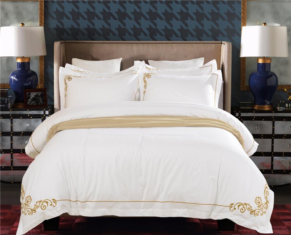 

luxury hotel bedding set 4 pieces 100% cotton satin bed linen euro double 200cm queen king size 240cm golden yellow embroidery, As pic
