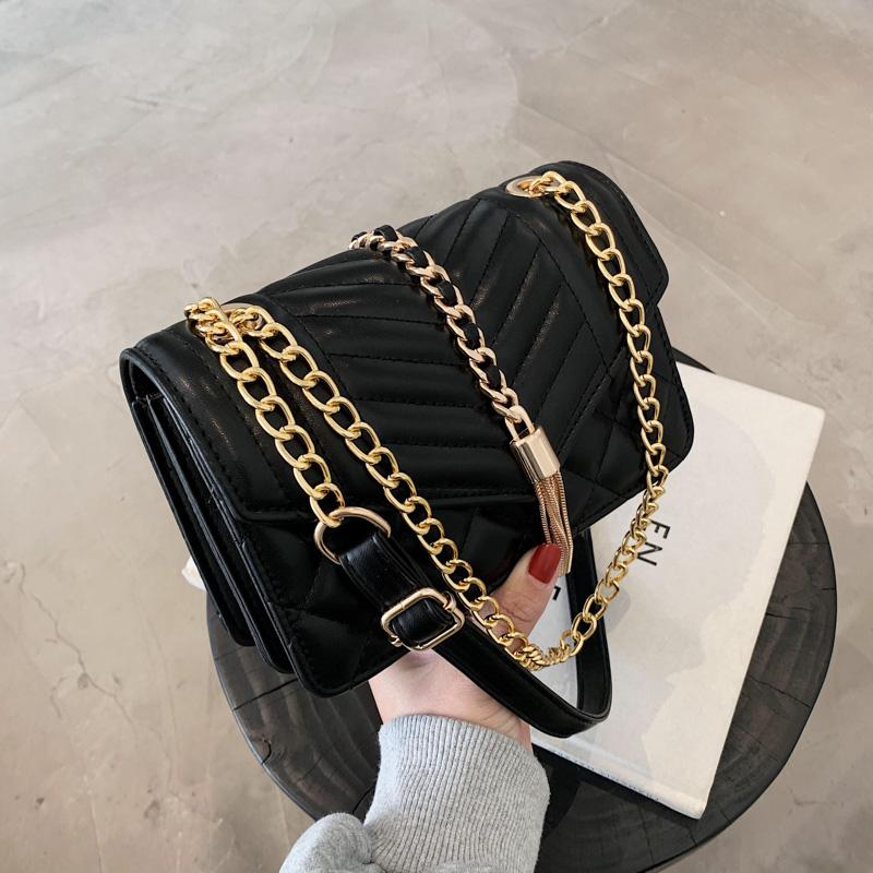

Luxury Designer Quality Leather Chains Shoulder Bag Vintage Solid Color Crossbody Bags for Women 2021 Purses and Handbags Female, Black