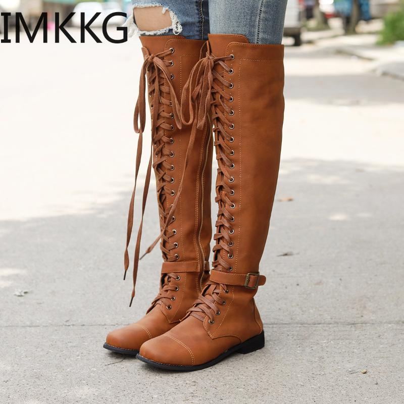 

Sexy Lace Up Over Knee Boots Women Boots Flats Shoes Woman Square Heel Rubber Flock Botas Winter Thigh High F90305, Black