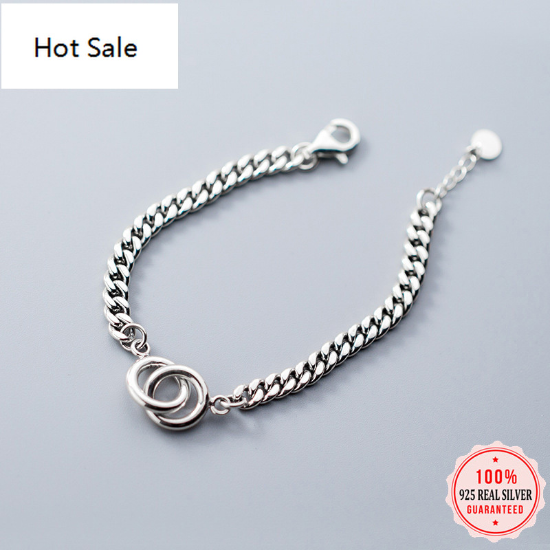 

Genuine 925 Sterling Silver Double Round Interlocking Bracelet for Women Lady Wedding Silver 925 Jewelry Gift