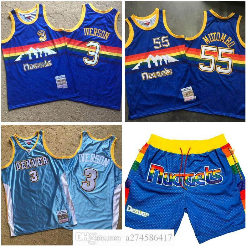 

Men Denver Nuggets 3 Allan Iverson 55 Mutombo M&N 2006-07 1991-92 blue Hardwoods Classic retro Jersey and short, Black;red