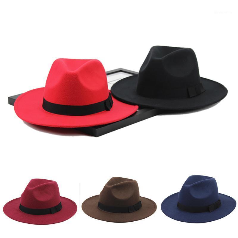 

5 Colors Winter Wide Brim Felt Jazz Cap Ribbon Elegant Trilby Hats Black Red Vintage Hot Wool Fedora Panama Hat Men Women1