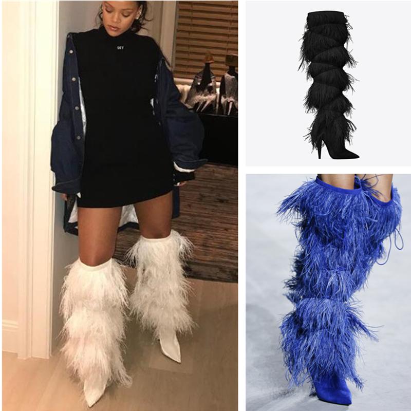 

Sexy Tassel Women Over The Knee Boots Fashion Pointed Toe Female Super Long Booties Party Nightclub Dance High Heels Shoes, Black