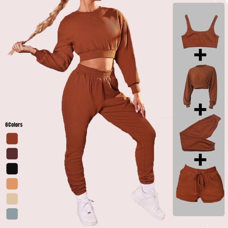 

Autumn And Winter Women' Casual Fashion Sports Suit 2pcs Set Gym Long-Sleeve Shirt Fitness Top Loose Sweatpants Running Pants, Shorts-black